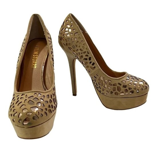 Colin Stuart heels women's 7 tan leather laser cut platform heels - Picture 1 of 12